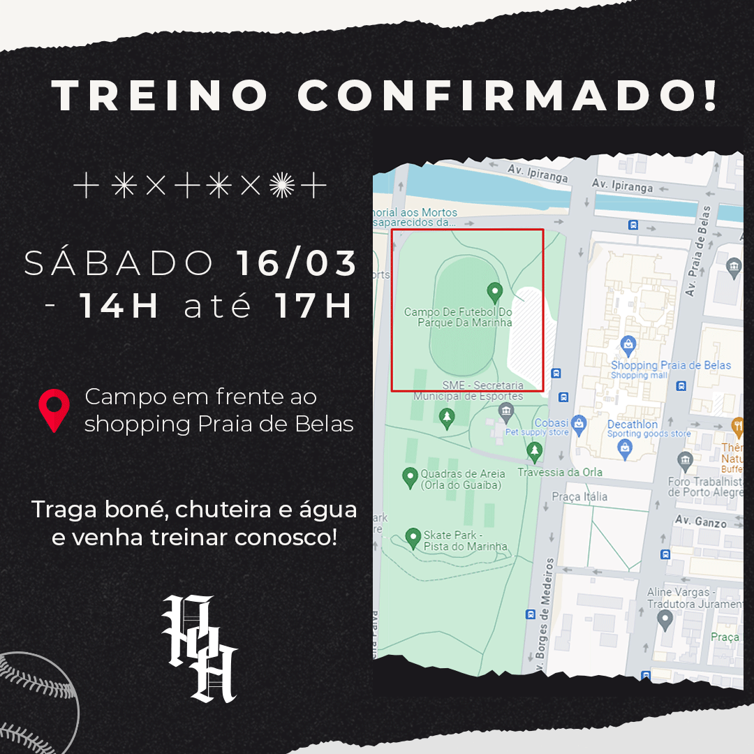 pombaspoa's tweet photo. O treino desse sábado será um pouco mais cedo para fugirmos da chuva que promete chegar no fim do dia. A partir das 14h já estaremos treinando lá no campo em frente ao Shopping Praia de Belas, aparece lá e vem curtir o beisebol com a gente! ⚾️

#poa #portoalegre #beisebol https://t.co/YRaTaXXTjd