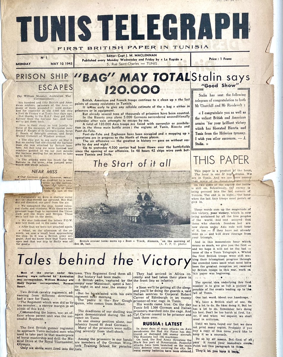 After looking for literally decades I have finally found and bought a copy of the VERY FIRST 'Tunis Telegraph'. £6 on Ebay! Written by Capt Alan Whicker no less, only a few hundred were printed. Just two-sided but stuffed full of interest. FYI @whickerawards  #Tunisia81