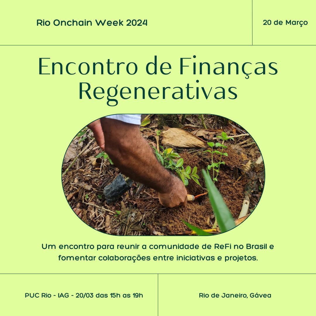 Dia 20/03 estarei no encontro de Finanças Regenerativas, compartilhando cases da <a href="/educarmaisrj/">Educar+</a> novidades e percepções. 
Faz parte do Rioonchainweek.org
Link: lu.ma/t5h4cf7i
Ah falando nisso, já se inscreveu no hackathon do <a href="/ethsamba/">ETHSamba 🔜 Merge São Paulo 🇧🇷</a> ? 
Link: taikai.network/ethsamba/hacka…