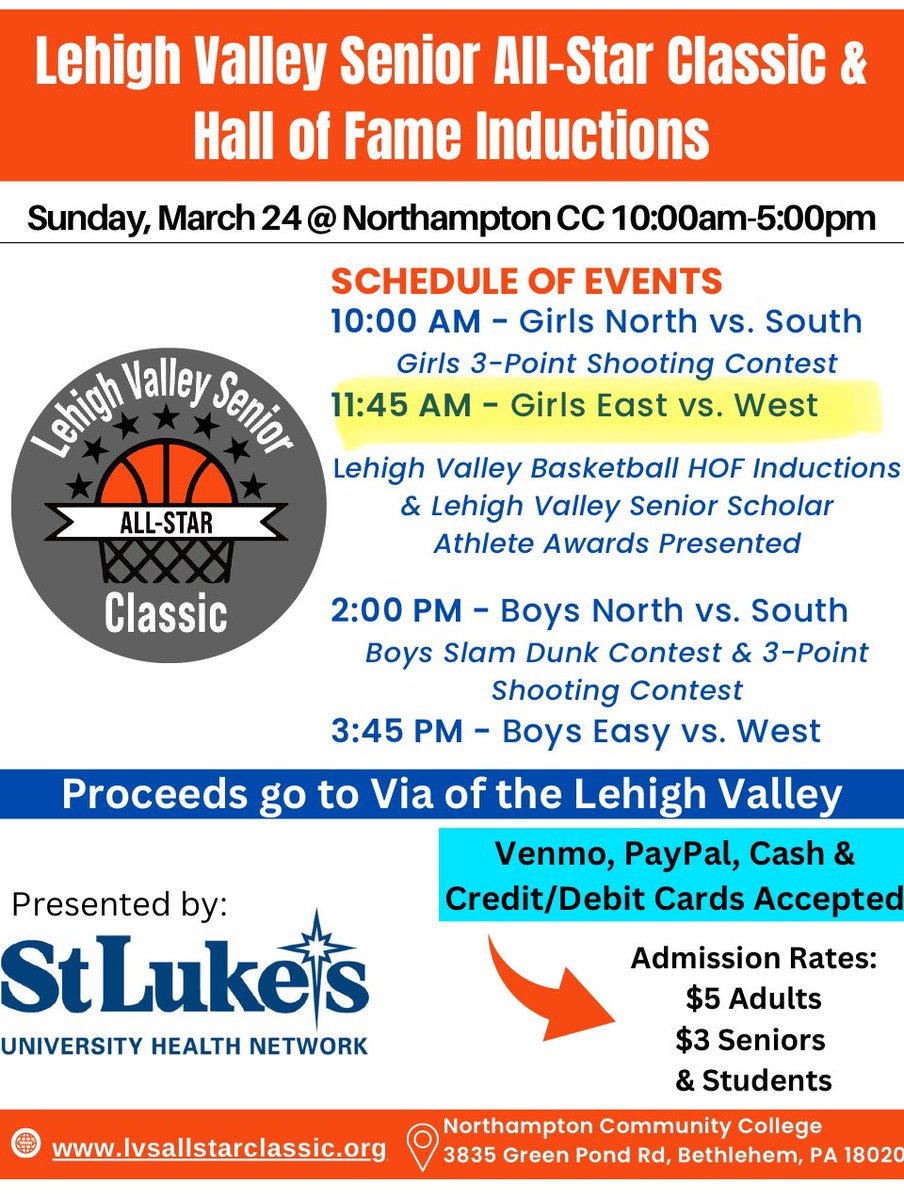 🌟Our 3 All-Stars will be helping out our special 🌟’s of the Lehigh Valley tomorrow at the special needs clinic sponsored by the Lehigh Valley All-Star Classic.  
🌟Come support them NEXT Sunday 3/24 @ 11:45 East vs West
🌟One final time to see them in their white uniforms‼️