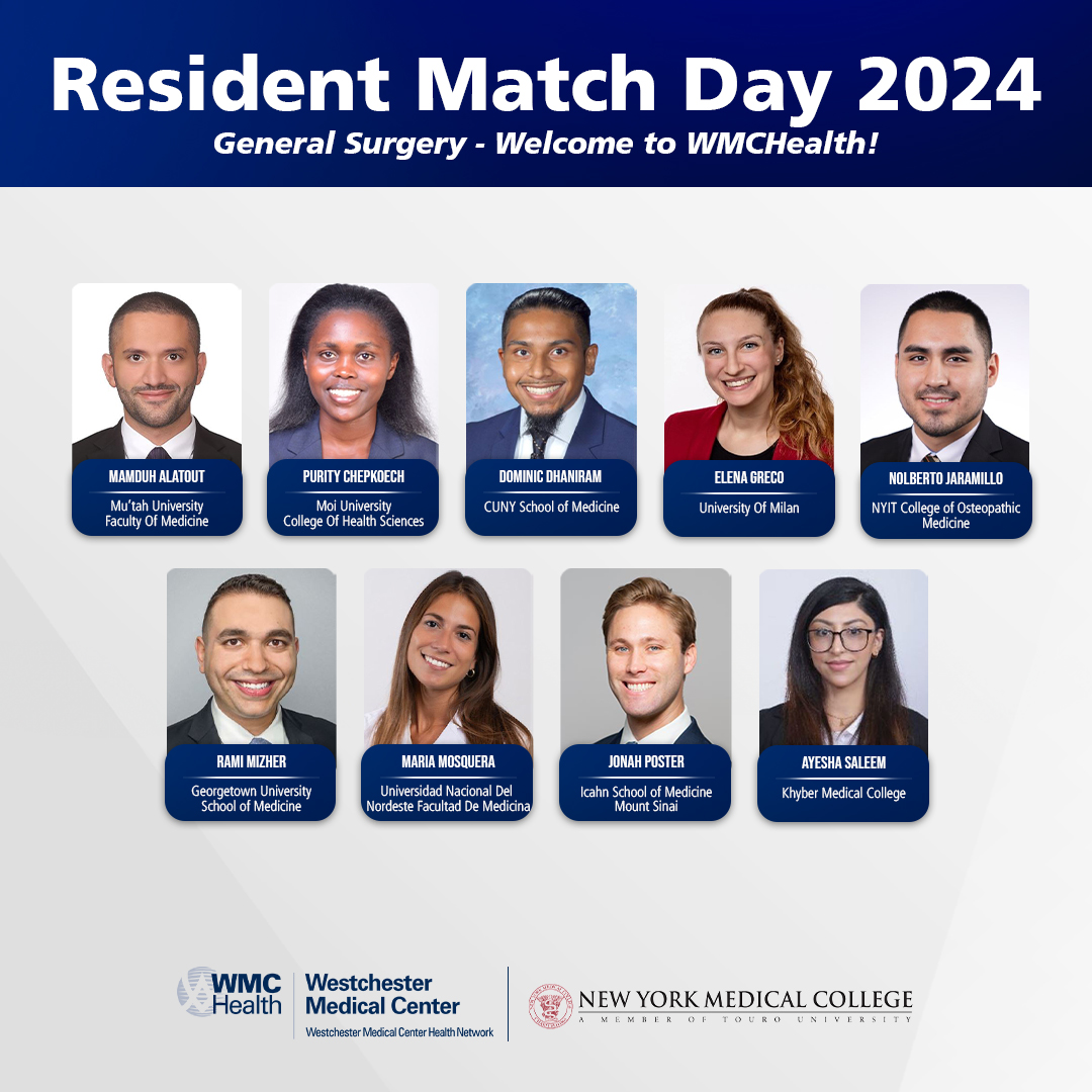 Match Day is the day when medical students find out where they will be headed for residency training. Join us in welcoming our newest residents to Westchester Medical Center's General Surgery Residency! #Match2024 @TheNRMP