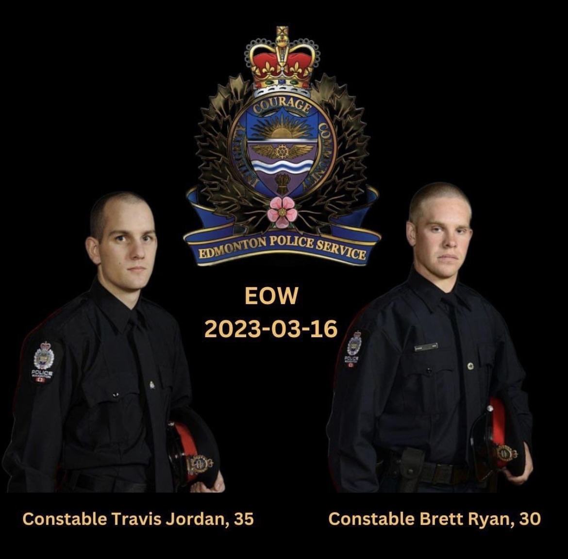 Today we pause to honour the service and sacrifice of Constables Travis Jordan and Brett Ryan who served their community with distinction. Our thoughts and prayers are with their families and all members of the <a href="/edmontonpolice/">Edmonton Police</a> on this difficult day.  #heroesinlife