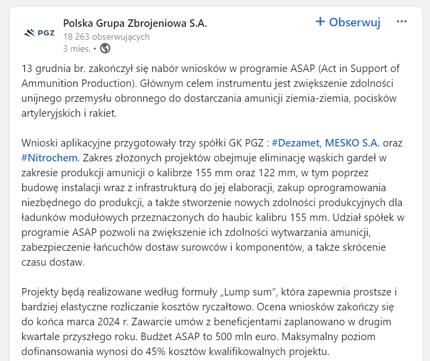 Wbrew obecnie kolportowanym fikołkom - spółki GK PGZ - Nitrochem, Mesko i Dezamet złozyły wnioski w terminie. Nitrochem i Mesko nie otrzymały ani grosza.