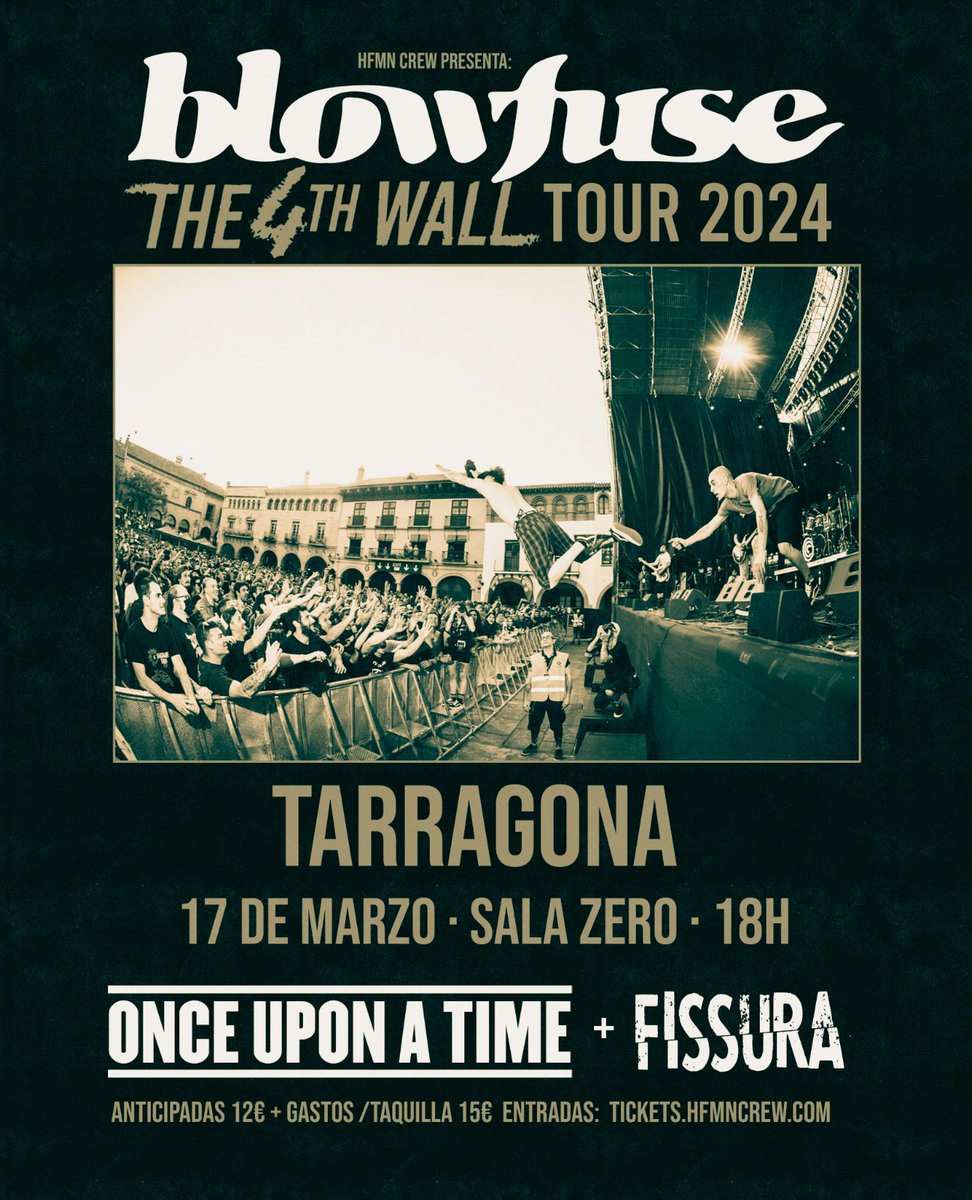 Tarragona arrancanos motores: Mañana empezamos el 'The 4th Wall Tour' en la @salazerotgn . Volvemos a los escenarios con más ganas que nunca. Sed testigos. Entradas en: tickets.hfmncrew.com/web/?menu=1162… Apertura de puertas 18:00 -Fissura 18:30 -Once upon a time 19:30 -Blowfuse 20:30