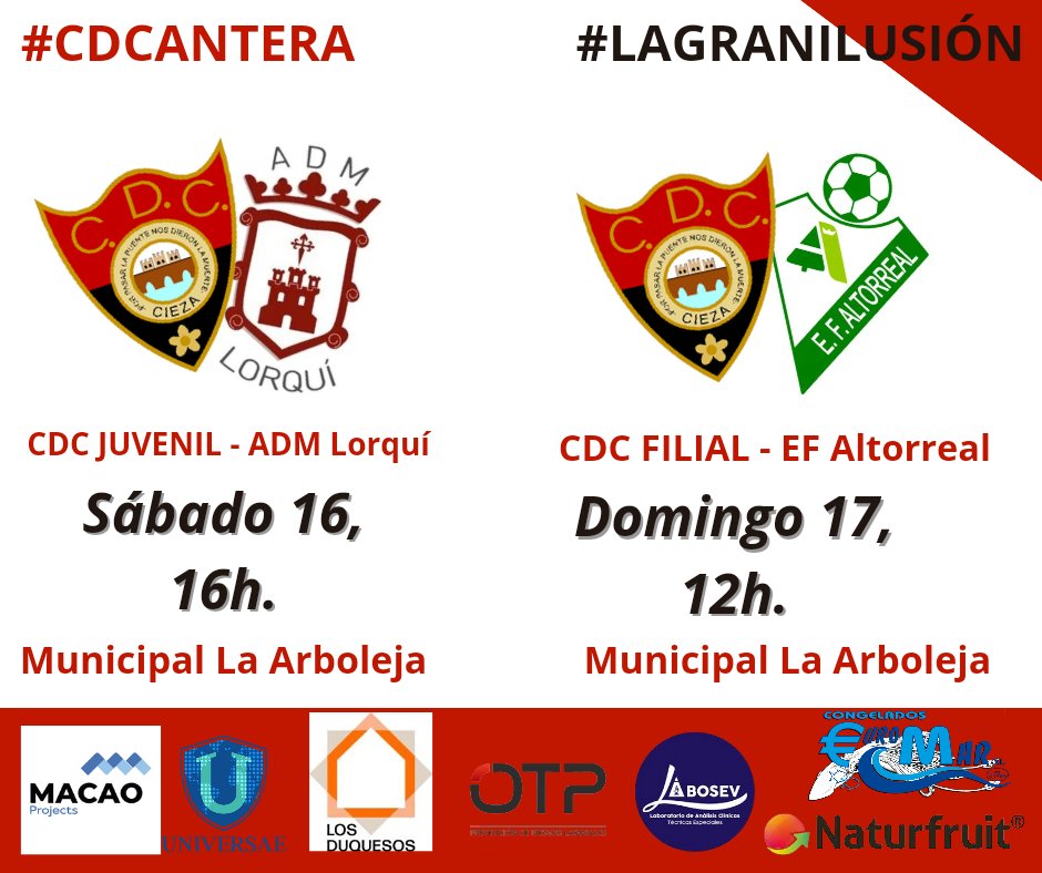 cdcieza_'s tweet photo. #CDCCantera

Horarios de nuestros #CDCJuvenil y #CDCFilial de este fin de semana.

#SentimientoEspartero
#LaGranIlusión https://t.co/p267rHqXb1