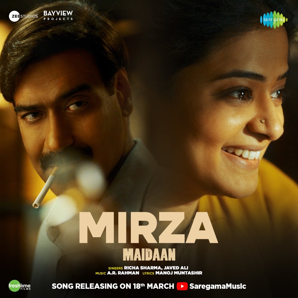 Dil ke #Maidaan se jeeth kar, ghar aaya mera #Mirza, a song by @richasharmaofficial and @javedali4u! ❤️ Song releasing on 18th March #Maidaan releasing this Eid @ajaydevgn @pillumani @gajrajrao @BoneyKapoor @zeestudiosofficial @iamitrsharma @manojmuntashir @bayviewprojectsllp…