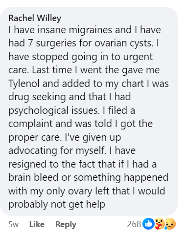 'The last time I went (to ER) they gave me Tylenol and added to my chart I was drug seeking and that I had psychological issues. I filed a complaint, and was told I got the proper care. I've given up advocating for myself.' #PainCareCrisis #ChronicPain #InPainMeToo