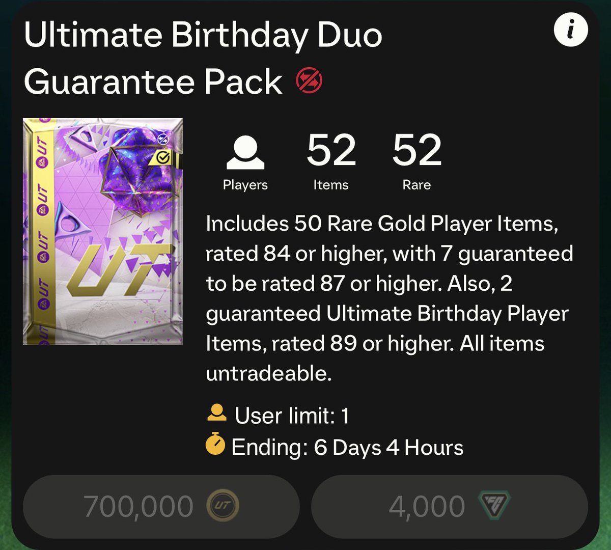 MarcFUTTrader's tweet image. I will buy some of you this pack 🎂🎁

Ultimate Birthday Duo
Guarantee Pack

- Like ❤️
- Comment Console
- Follow @MarcFUTTrader 

🍀 Good Luck!