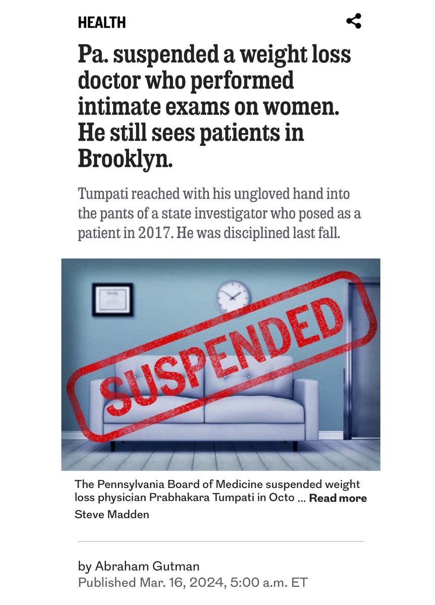 A Philadelphia weight-loss physician  reached with his ungloved hand into the jeans shorts of a patient.

He didn’t know that she was an undercover state investigator, following up on similar complaints.

But for the next six years the state did nothing. inquirer.com/health/weight-…