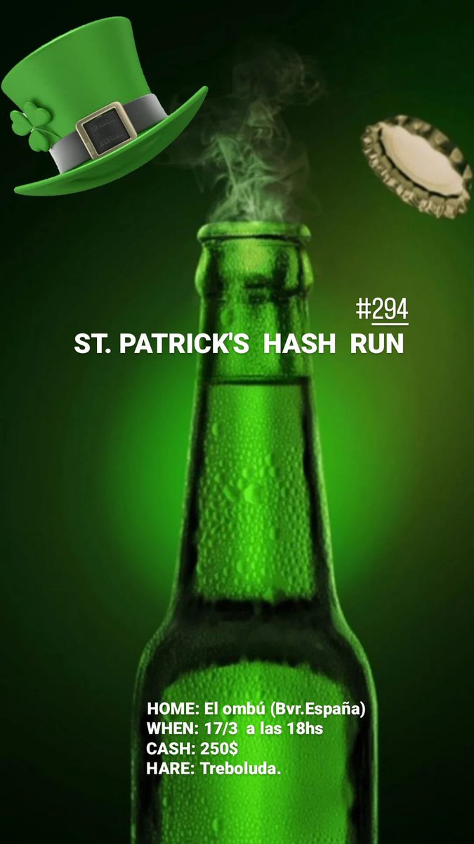 HashdeUruguay's tweet photo. Se viene el Hash Run de St Patrick’s … OnOn!!
#Hashing
#HHH  #H3
#HashHouseHarriers https://t.co/8XmtjrsJQL
