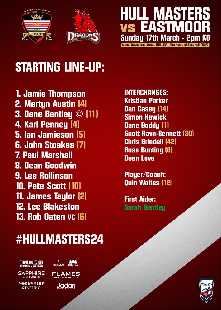 📣 Team news ahead of this Sunday's game at home to Eastmoor Dragons Masters RL 🏉 Masters Rugby League ➡️ Sunday 17th March 🍀 🏟 Rosemead Street, HU9 2TA. 🕐 2:00pm KO #MastersSpirit #hullmasters24