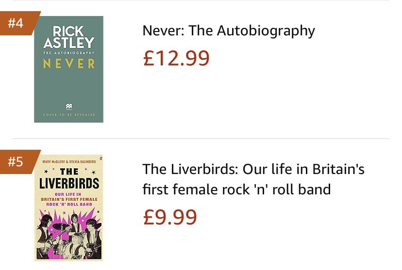 Thrilled to be at number 5 in the Amazon Hot New Releases book chart. Pipped to number 4 by @rickastley and his new autobiography but pleased to be in such good company 😁🎸🥁🎸🎸 Mary & Syl