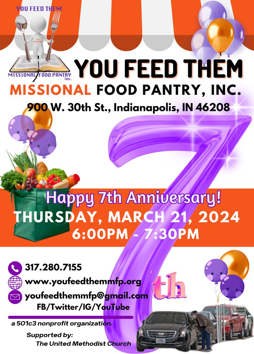 YouFeedThemMFP's tweet photo. Celebrating 7 years of multi-faceted service in the community! In addition to our #FeedingIndy, our Missional #Initiatives have served thousands of recipients including children and youth over the years with more than just physical food.
#YouFeedThem ๐๐พ๐ฅณ๐๐๐งก
#HelpingToShortenTheLines
#HelpingToShortenTheNeeds
#ResourceSharing
#March2017to2024
@HisLoveKeptMe