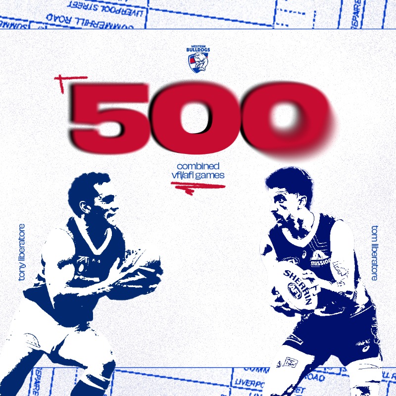 westernbulldogs's tweet photo. 500 games of pure heart ❤️🤍💙

Tom and Tony Liberatore will today become the 10th father-son pairing to play a combined 500 VFL/AFL games.