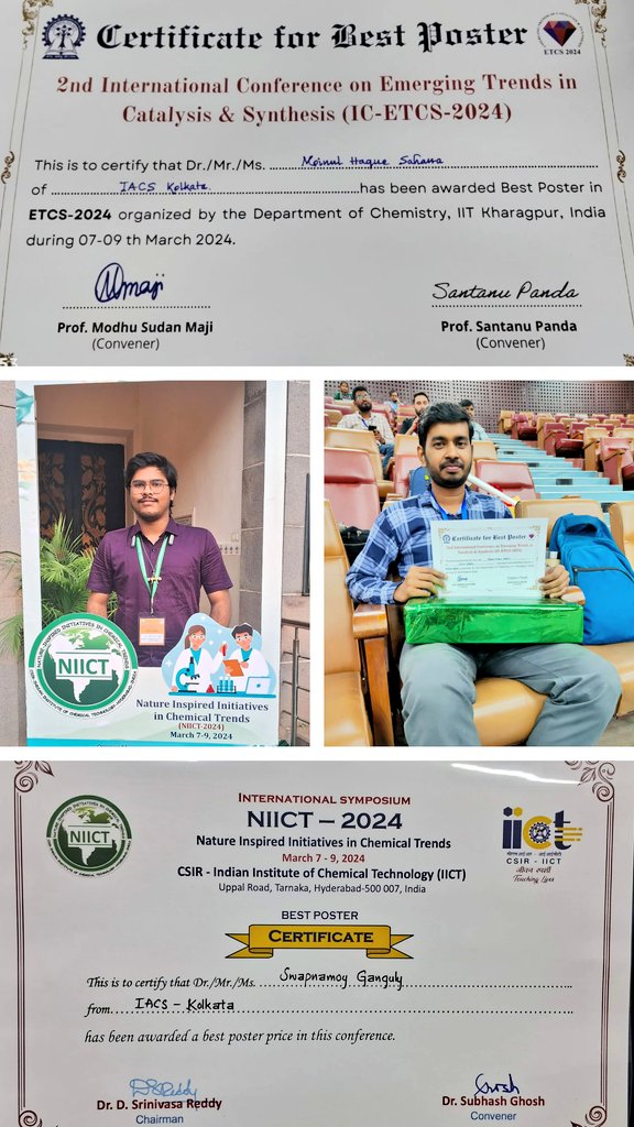 Celebration continues at the Total Synthesis Group @iacskolkata 🍾🎉 Couple of awards from the poster presentation for 🏅@SwapnamoyGangu1 at NIICT 24 @csiriict 🏅 Moinul H. Sahana at IC-ETCS 24 @IITKgp Thanks @subhash_ghosh72 @msm_lab @JOC_OL @ChemicalScience @OrgBiomolChem