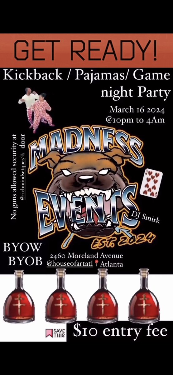 House ⭕️f Art©️Event(s)
🎉 Madness Events
📍@houseofartatl
🔥Quez & twin Pajama jam extravaganza. Turn up w/the influencers, content creator(s) & party ppl pullin’ up 3/16/24🔥Live DJ, Refreshments, good Food, good ppl, good x
•
#houseofartatl #madnessevents #pajamajam  #Atlanta