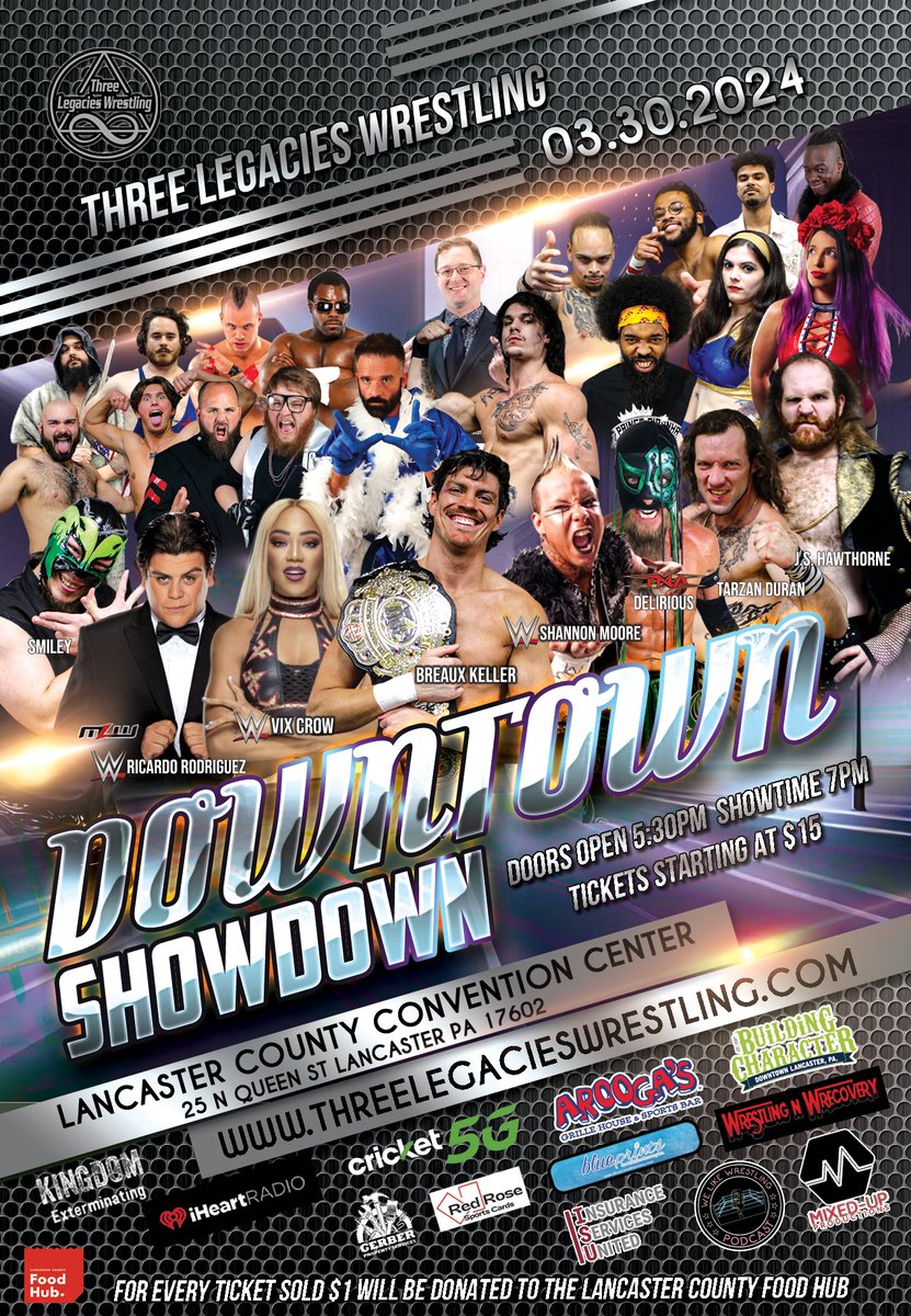 1st Row Sold Out, ONE 2nd row left, few 3rd and 4th Row still available and General Admission tickets may turn into standing room! Get your tickets to 3LW- Downtown Showdown early! A cant miss event! threelegacieswrestling.ticketspice.com/downtown-showd…
