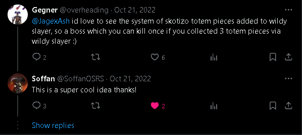 overheading's tweet photo. @Mankedupmage @JagexAsh I know there is a wildy update on the line and im very hyped for it.  still wonder if you could check out this idea and mod soffans boss "belfreg" again?  adding totems to wildyslayer would give it a decent boost in activity. https://t.co/M4PLyWq74d