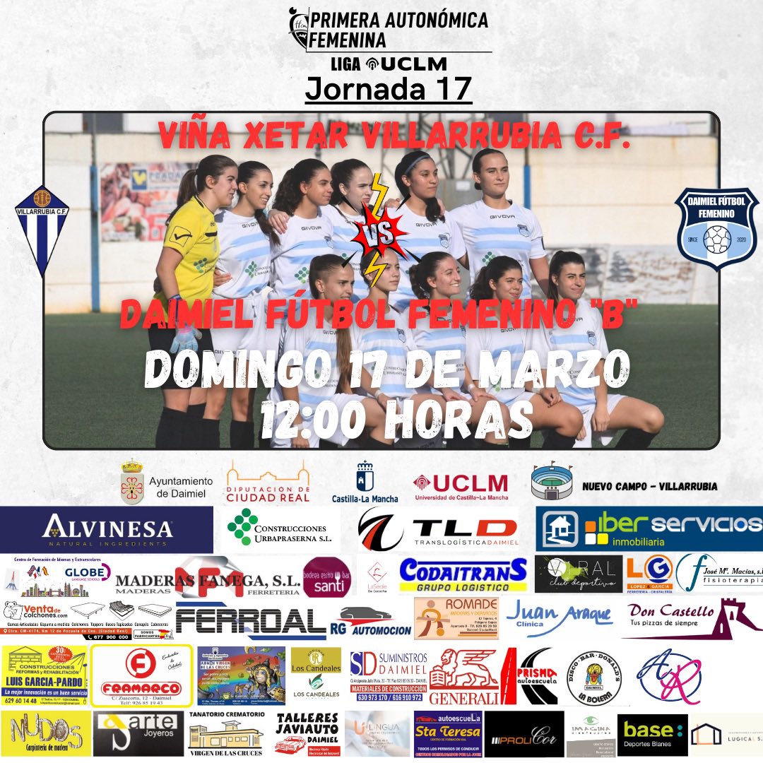 🔜 𝙋𝙍𝙊́𝙓𝙄𝙈𝙊 𝙋𝘼𝙍𝙏𝙄𝘿𝙊  | 𝙅. 𝟭𝟳

 🗓️ Domingo 17/03
 🏆 Liga UCLM 1ª Auto. Femenina. G2.
 🕕 12:00 Horas 
 🏟️ Nuevo campo - Villarrubia 
 🆚 Viña Xetar Villarrubia C.F.

#daimielfutbolfemenino #primeraautonomicafem #Ligauclm #123abocaos #futfem 

🖤🤍💙