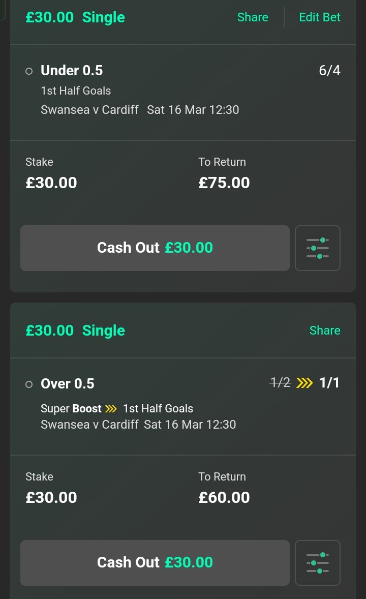 TheBettingYetti's tweet photo. Its that time again #BetAgainstTheBoost. For some risk free betting.
Bet365 have boosted over 0.5 first half goals to evens (1/1) in the #Swansea v #Cardiff game.
So we will go equal stakes for both outcomes.
#GamblingTwitter #GamblingX #bettingtips #EFL #WelshDerby @FreeBetRetweets