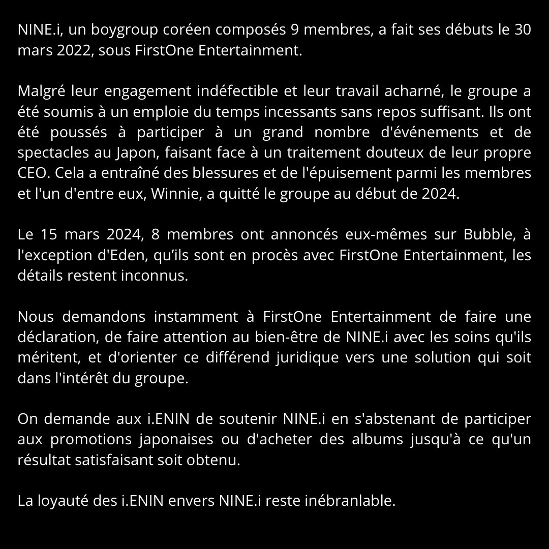 JoohyoungFrance's tweet photo. Cher i.ENIN,
Concernant la situation actuelle, nous demandons votre aide pour diffuser #ProtectNINEi . FirstOne Entertainement se doit de faire une déclaration et de prendre des mesures pour le bien-être des membres de NINE.i.
Essayons de protéger et soutenir NINE.i un maximum 🙏🏼 https://t.co/a8ji7rXmxc