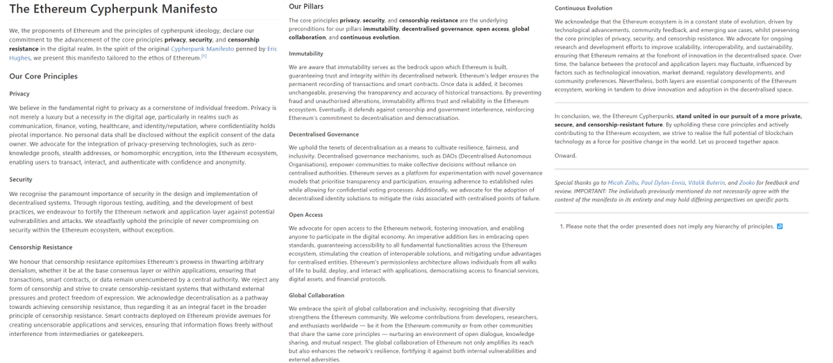 31 years ago the Cypherpunk manifesto was published. I wrote this manifesto with great concern that we are losing the principles that brought us here. This is an attempt to reunite. To refocus on what is really important. Let's get back to the roots. hackmd.io/@pcaversaccio/…