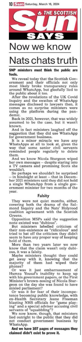 Here's the Scottish Sun's leader on the 106 pages of WhatsApp messages SNP ministers gleefully claiming in 2021 didn't exist 'SNP ministers must think the public are fools.'