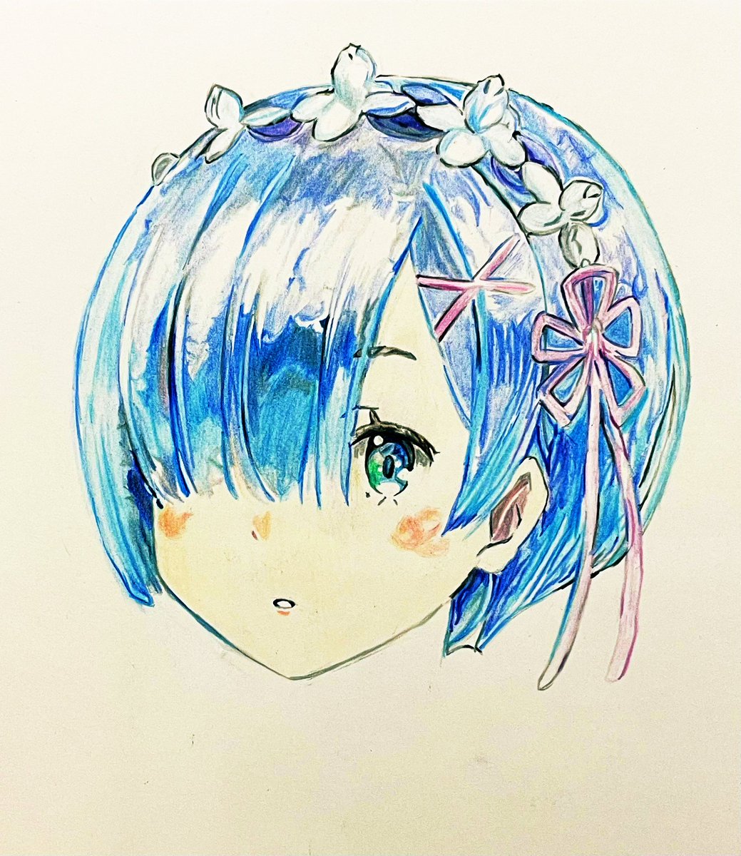 rem (re:zero) 1girl solo looking at viewer blush short hair blue eyes simple background  illustration images