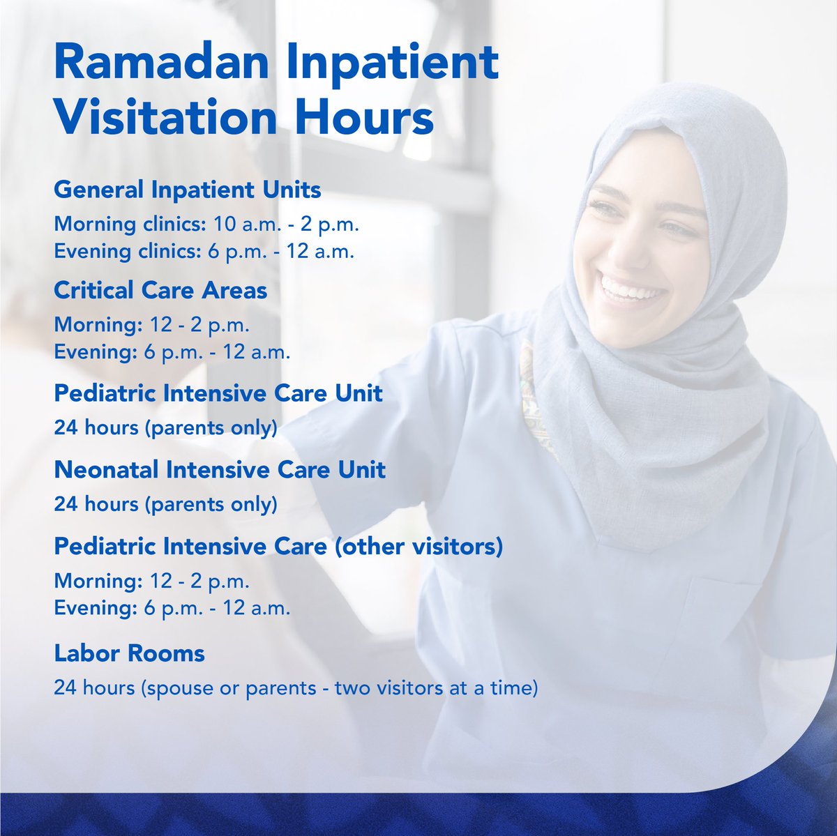 During the holy month of Ramadan, here's a friendly reminder of SSMC's adjusted operating hours. We'll be here to serve you throughout the month, with timings tailored for your convenience.

#RamadanCare #SSMCAbuDhabi #SSMC #YourHomeOfHealth #AWorldOfExpertsForYou #Ramadan2024