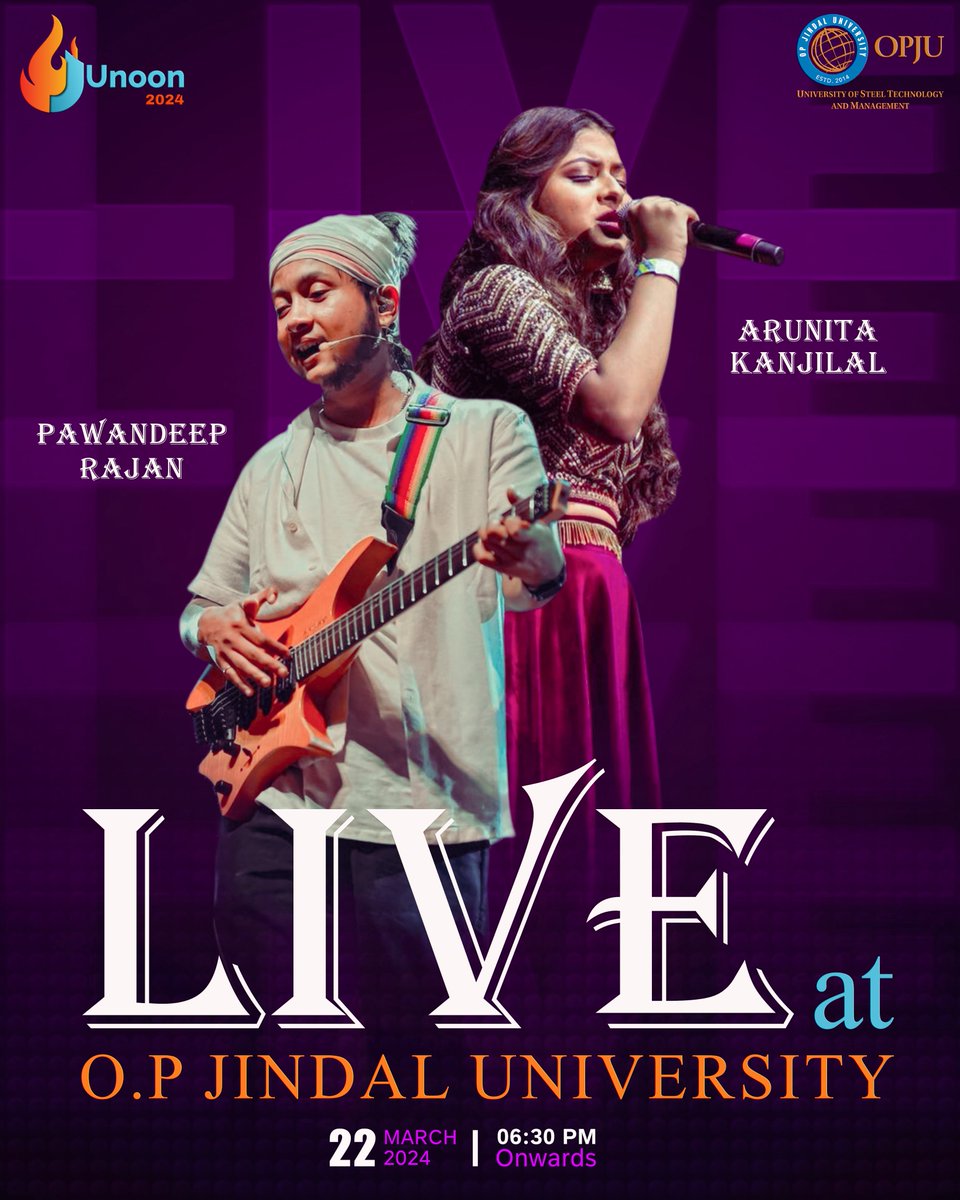 🎶 Get ready for a mesmerizing night of soulful melodies! Join us for an unforgettable evening with Bollywood's playback sensations Pawandeep & Arunita LIVE at OPJU Campus on 22nd March 2024, 6:30 PM onwards. Don't miss out! #opju #JUnoon #annualfest #PawandeepArunitaLIVE 🎤✨