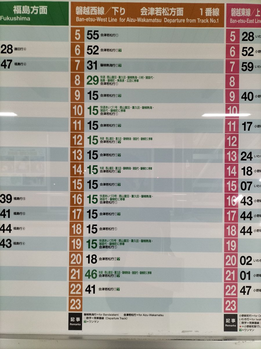 2024/3/16改正郡山駅時刻表 いわき駅側で磐越東線1両爆誕との投稿が
