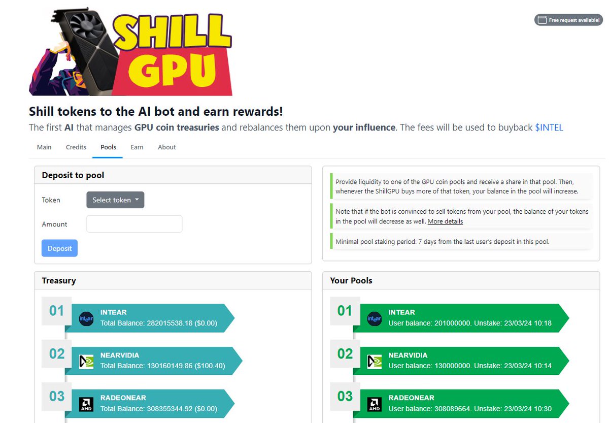 groggs_ie's tweet photo. Added some liquidity to the "ShillGPU" pools on 

https://t.co/HZiyJQqYRz

A take on the popular ShillGPT widget where you shill a token and if successful the bot sells and buys on your recommendation😁 

This was created by @intelnear and the fees will be used to buyback $intel

#NearProtocol #memecoins