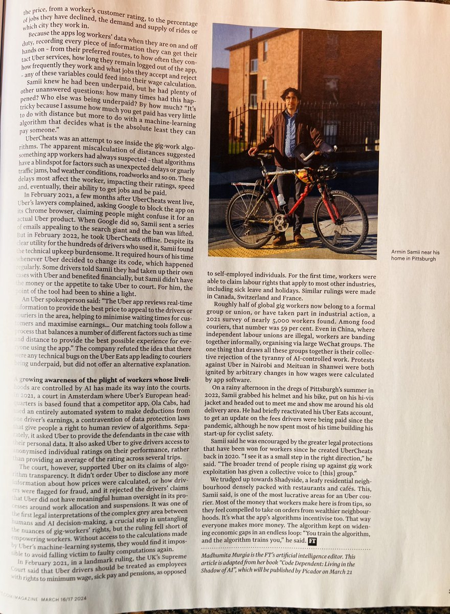 How a Tech-Savvy Delivery Rider Took on the Algorithms that Control How Gig Workers are Paid. Financial Times’ Weekend Magazine today with a fascinating story from Madhumita Murgia’s brilliant new book, CODE DEPENDENT - out on Thursday from Picador UK.