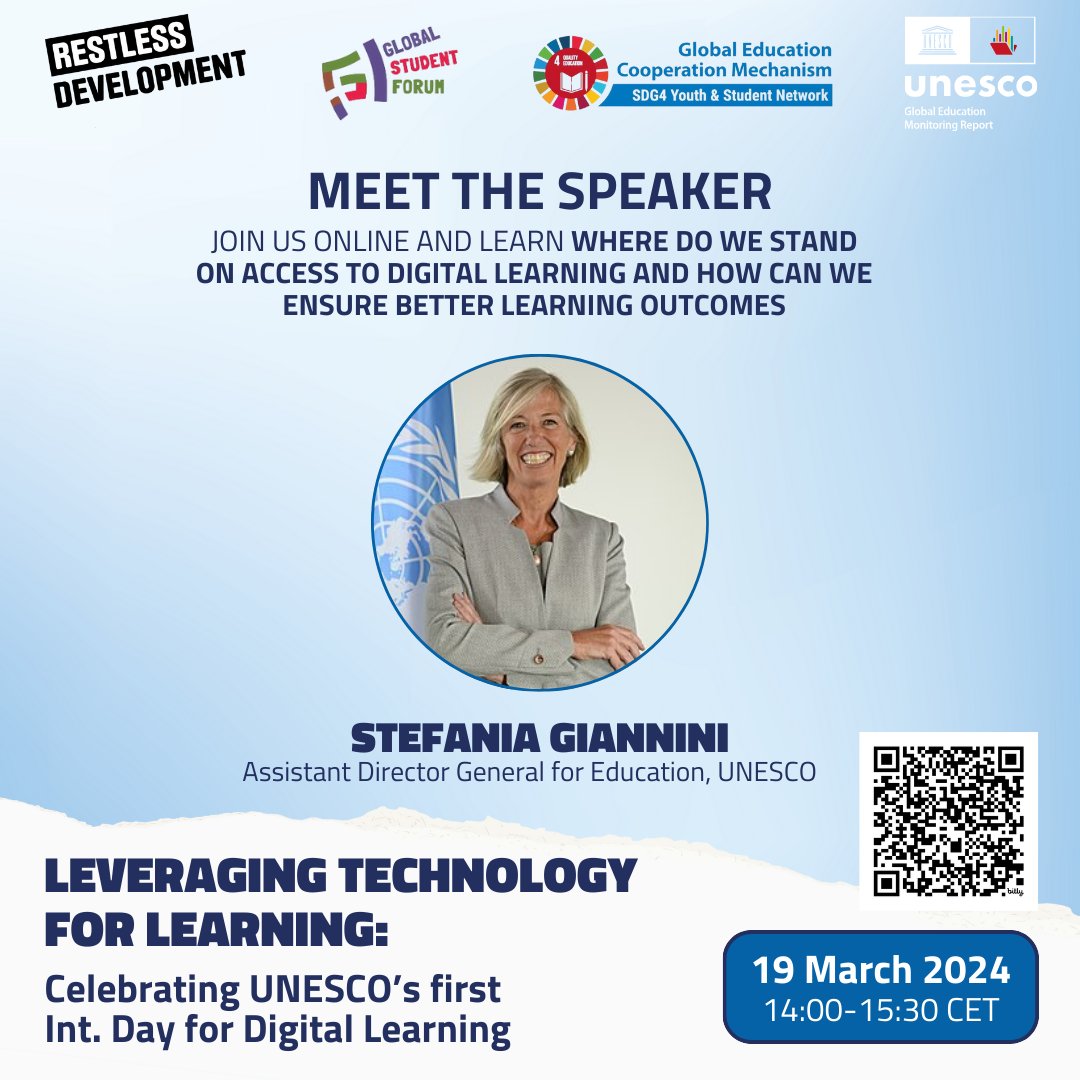 📢On the #DayforDigitalLearning, join the webinar organized by #GEMReport, <a href="/RestlessDev/">Restless Development</a>, <a href="/Education2030UN/">Education 2030</a> &amp; <a href="/GlobalStuForum/">Global Student Forum</a>, to hear from youth, experts &amp; international organizations about the impact of digital learning! 

Register here: bit.ly/3VkCoth #2024YouthRepor
