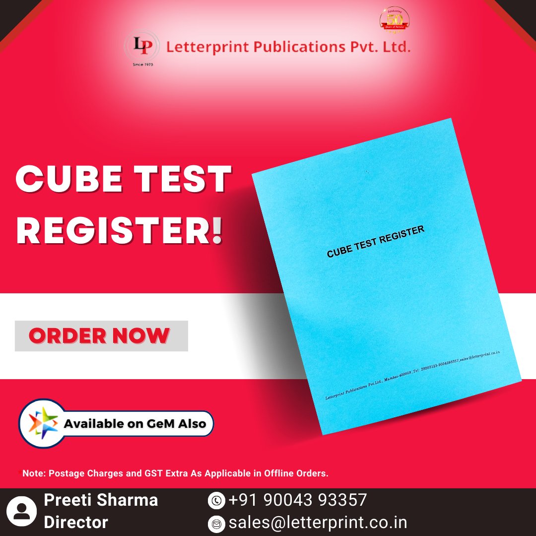 🌟 Discover Excellence with Our 𝐂𝐮𝐛𝐞 𝐓𝐞𝐬𝐭 𝐑𝐞𝐠𝐢𝐬𝐭𝐞𝐫! ✨

#LetterprintMumbai #letterprintpublications #PreetiSharma #cubetestregister #centralgovernment #officestationery #registers #filecovers #forms #pads #books #envelopes #stationerymaterials