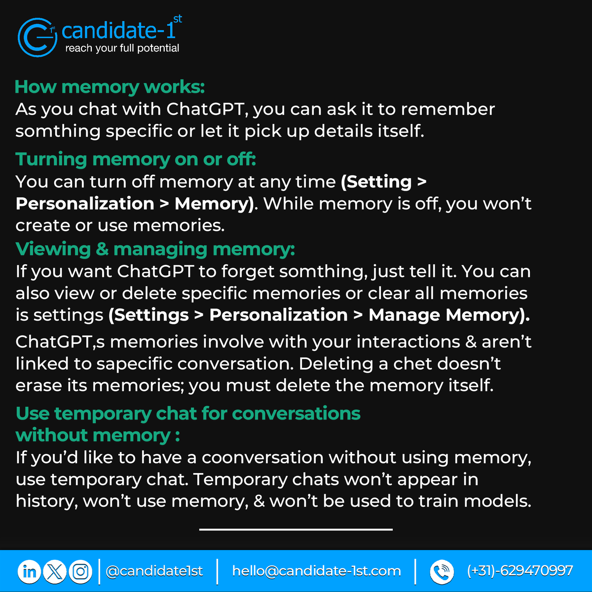 candidate1st's tweet image. Elevate your AI experience with ChatGPT&apos;s dynamic memory feature! 🚀 

Customize your conversations, control your data, and navigate the digital landscape with ease. 

#FutureOfAI #SmartConversations #UserControlledAI #Innovation 🧠🤖