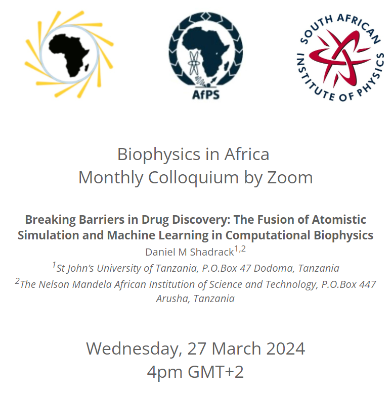 TjaartKrueger's tweet photo. Next Biophysics in Africa Monthly Zoominar:
Wed, 27 Mar.  2024, 4pm GMT+2

Daniel Shadrack @dmssjut

"Breaking Barriers in Drug Discovery: The Fusion of Atomistic Simulation and Machine Learning in Computational Biophysics"

Register here: https://t.co/FL5cS99iUn

@AfricanPhysics https://t.co/F19WeD4tcv