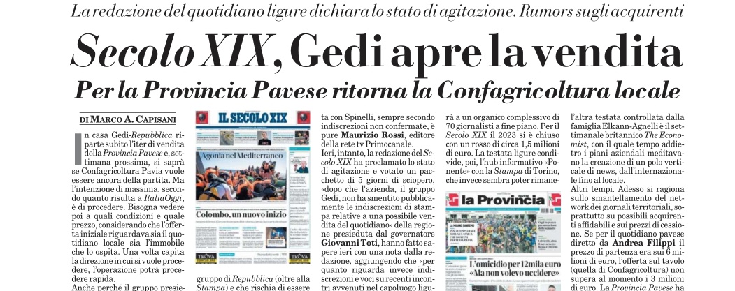 MCapisani's tweet photo. Il #SecoloXIX in vendita.
Parte il balletto di acquirenti di destra o sinistra, tra imprenditori marittimi o quelli editoriali-pubblicitari.
Di fatto #Elkann rinuncia a una testata storica di Gedi. Chissà #Perrone...
Ecco i rumors 👇🏻 via @ItaliaOggi https://t.co/8LDjEPe1Yq