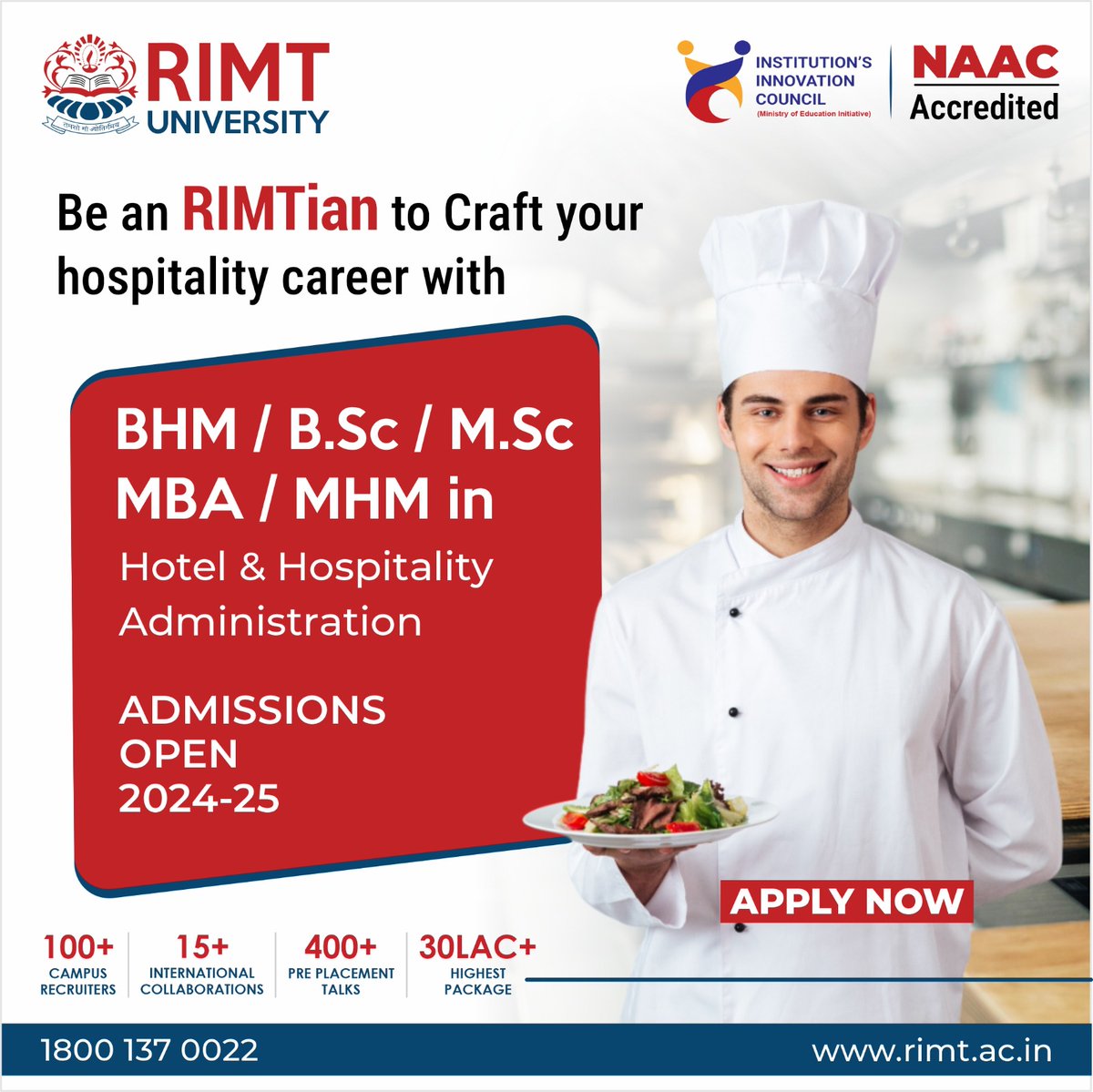 Elevate your hospitality career with #RIMT_University's #Hotel_Management_courses!
Dive into the world of exquisite service, #culinary_arts, and #hotel_operations with our industry-driven curriculum. 
For more detail call us at: 
1800 137 0022
#HospitalityCareer #RIMTUniversity