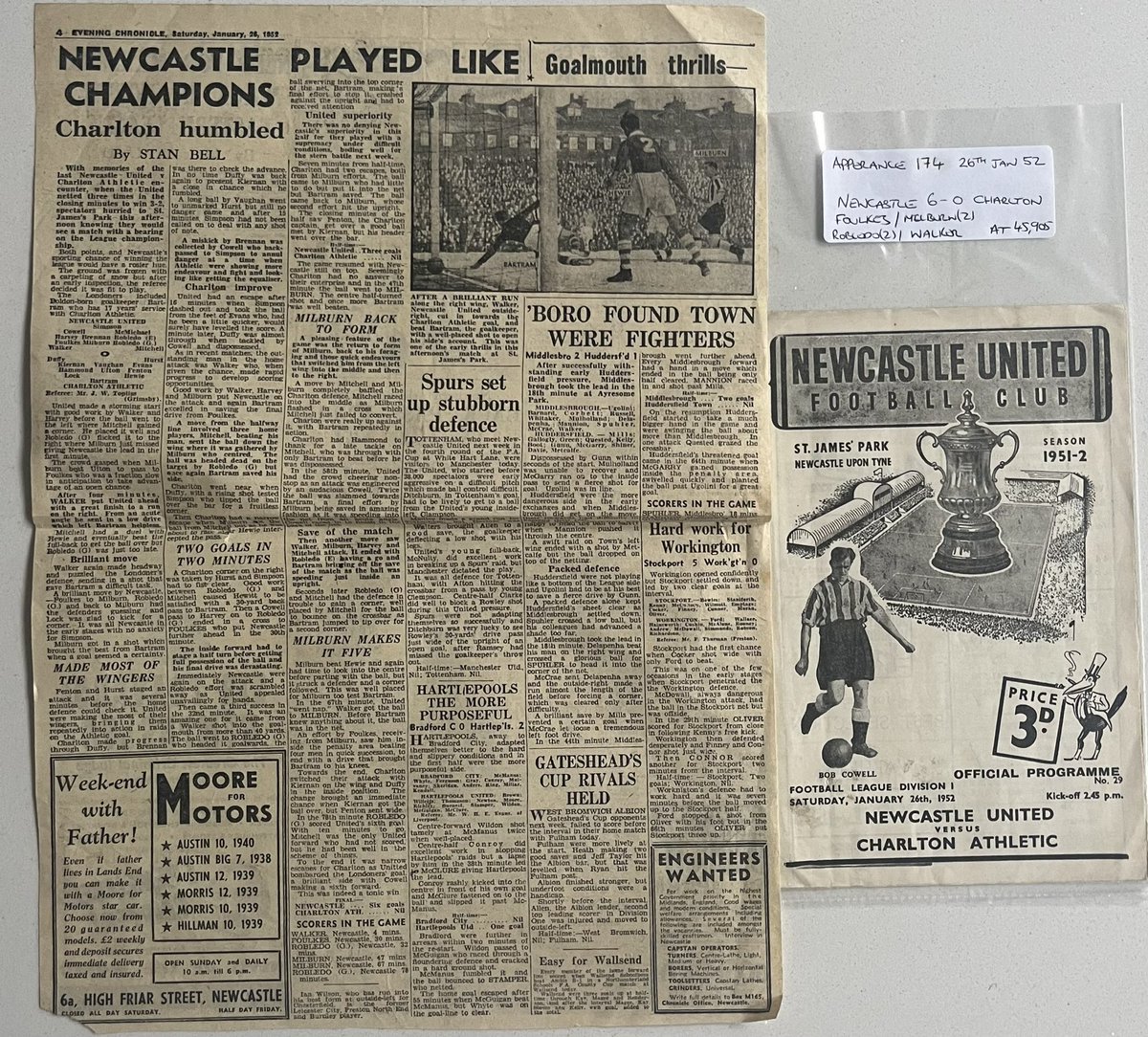 ian cowell (@ircowell) on Twitter photo Appearance 174 <a href="/NUFC/">Newcastle United</a> 6 - 0 Charlton 26th Jan 1952, evening chronicle match report from the game! Quality legend on the front of the programme too 🖤🤍 Appearance 174 <a href="/NUFC/">Newcastle United</a> 6 - 0 Charlton 26th Jan 1952, evening chronicle match report from the game! Quality legend on the front of the programme too 🖤🤍