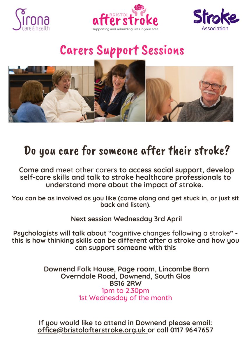 If you are a family member or a carer of someone who is stroke affected, you are invited to join the new support session specifically for Carers. To book your place contact the office: Tel: 0117 9647657 Email: office@bristolafterstroke.org.uk