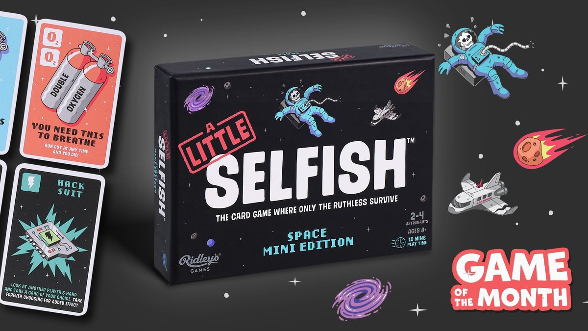 Our new #GameOfTheMonth is Selfish: the space mini edition! A bargain at £9.99, it's a ruthless, fast-paced, pocket-sized game that's easy to teach and learn, making it perfect to take to the pub or parties. Only one can survive!