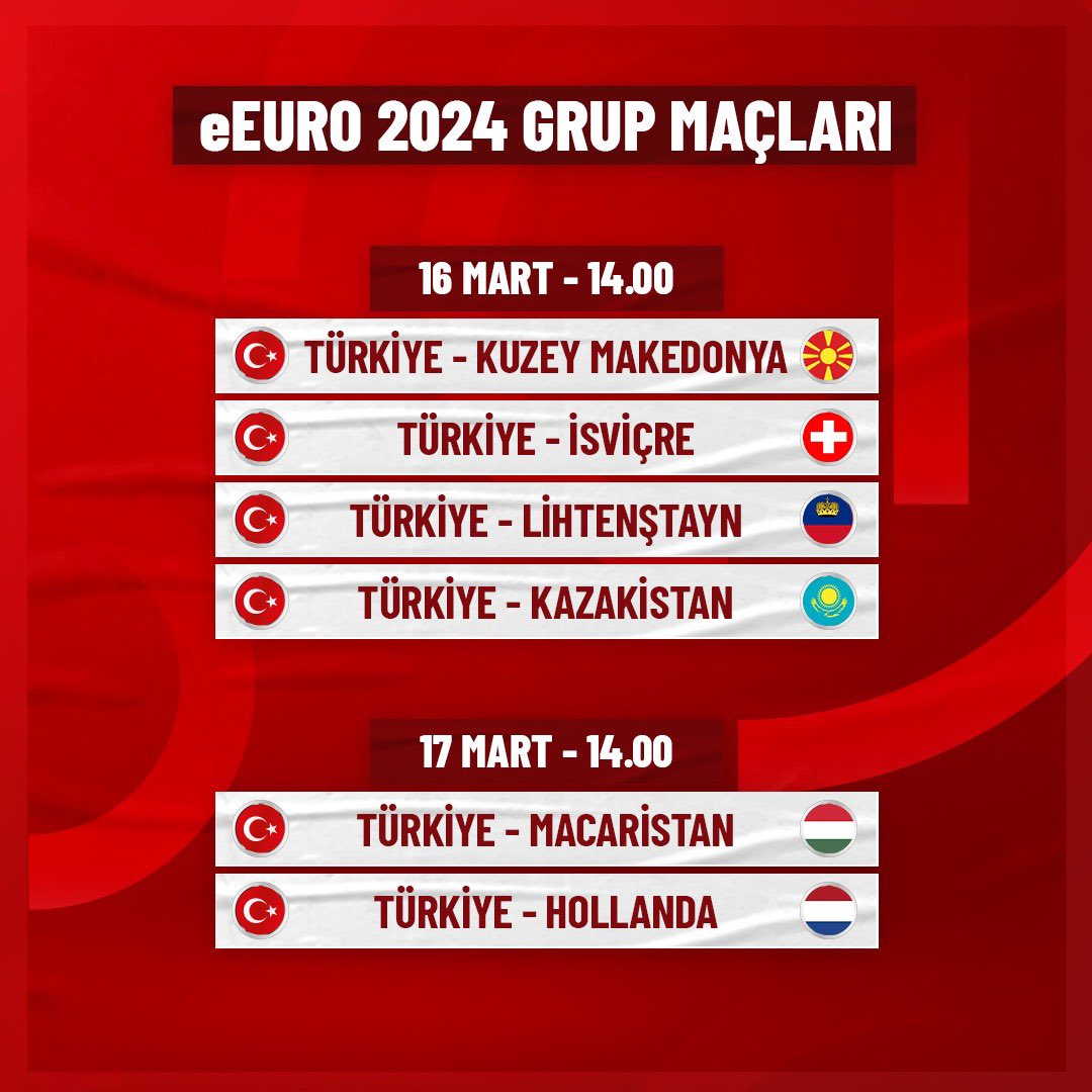 eMillî Takımımızın, 16-17 Mart tarihlerinde oynayacağı eEURO 2024 Grup maçları. #BizimÇocuklar 🇹🇷 👉 twitch.tv/tff1923 👉 kick.com/egearseven