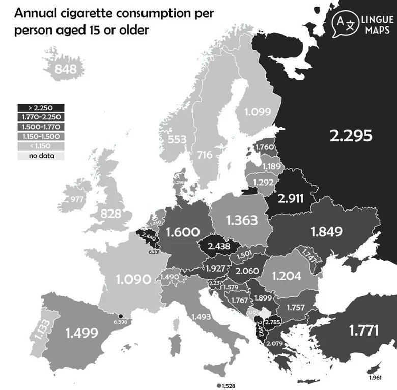 Annual cigarette consumption in Europe [🗺️ Lingue Maps]