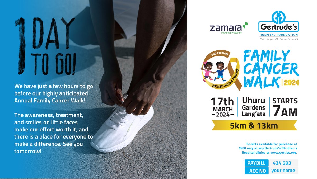 We have just a few hours to go before our highly anticipated Annual Family Cancer Walk!
The awareness, treatment, and smiles on little faces make our effort worth it, and there is a place for everyone to make a difference. See you tomorrow! #AnnualFamilyWalk2024 #GertrudesKe