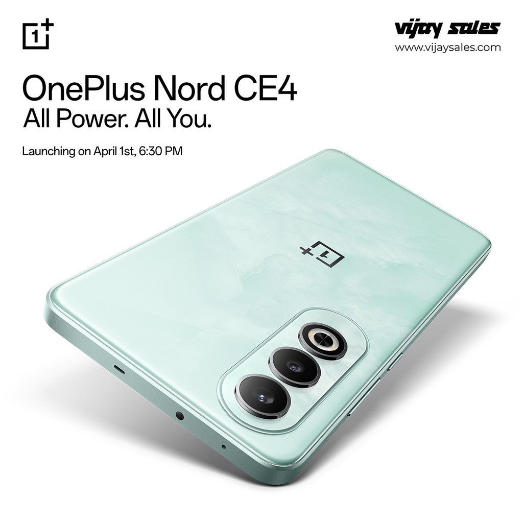 Introducing the all-new OnePlus Nord CE4, arriving April 1st. 

Stay tuned.

#VijaySales  #OnePlusNordCE4 #AllPowerAllYou #SmartPhones #NewLaunch #ComingSoon