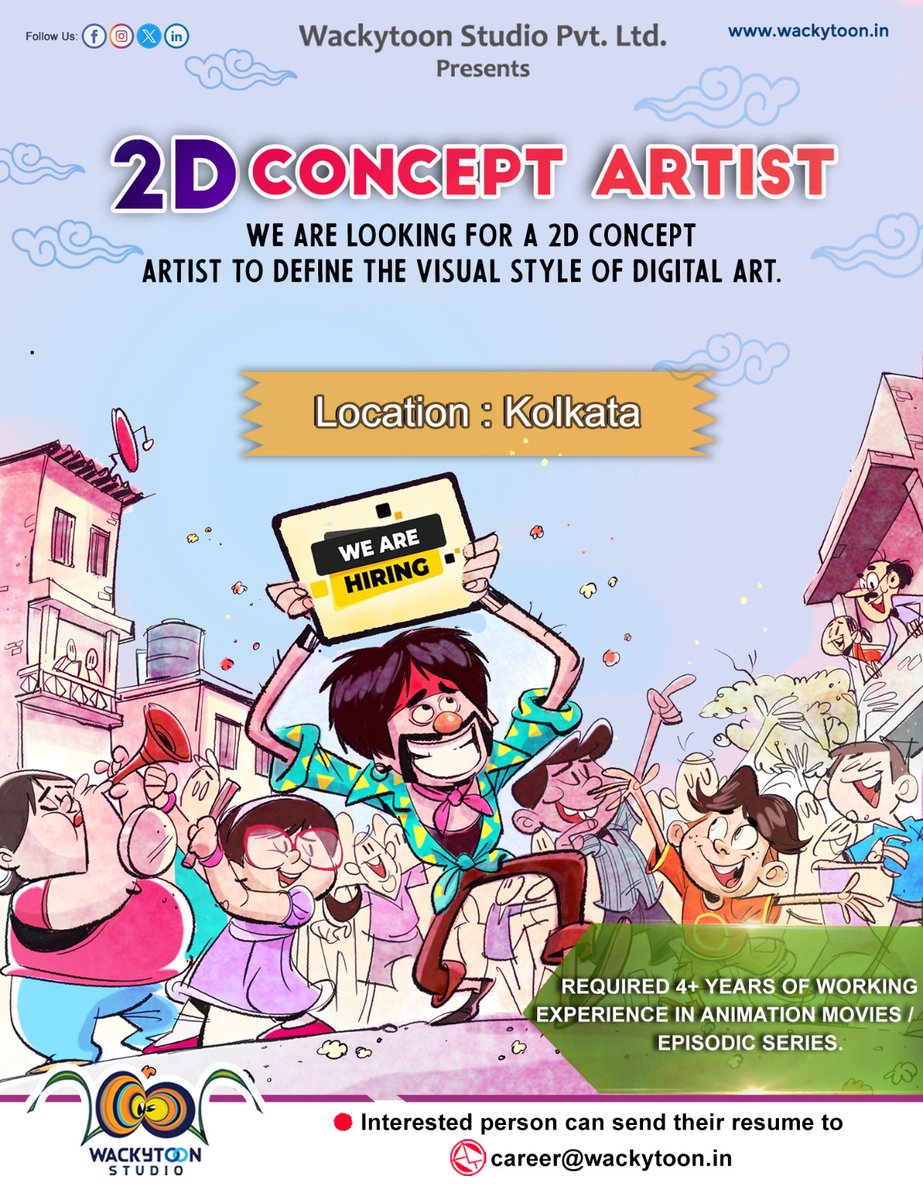 #HiringAlert Calling all 2D Concept Artists! Define digital art style with quick sketches and detailed paintings of environments, characters, and more. 
Join us in crafting captivating worlds and stories! #2DConceptArtist #AnimationJobs #ConceptArt #ArtJobs #WackytoonStudio