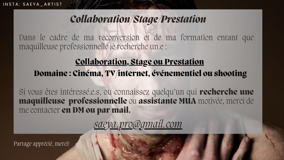 Hello,
Je ne vous oublie pas par ici,  je suis juste focus formation, mais je reviens dés que je peux!

En attendant, je me permets de vous partager cette annonce dans le cadre de ma reconversion.

Merci à ceux qui pourront m'aider!

Mon insta: instagram.com/saeya_artist/