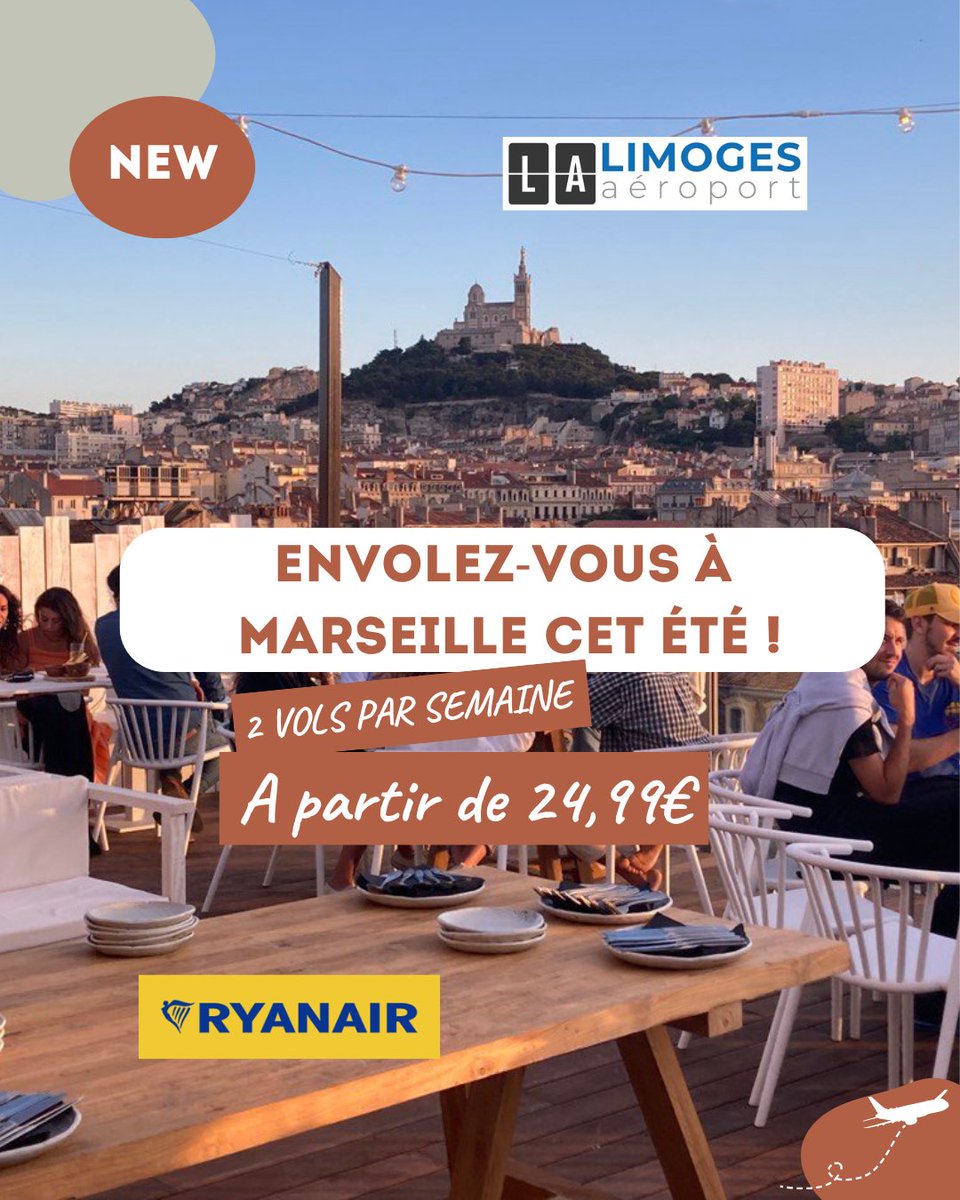 Envolez-vous à Marseille cet été !🌞
Vols à partir de 24,99€ - 2 allers/retours par semaine ✈️
Réservez sur le site de la compagnie <a href="/ryanair/">Ryanair</a> ryanair.com
#limogesaeroport #aeroportlimoges #marseilletourisme💙 #visitmarseille #ryanair #volspaschers