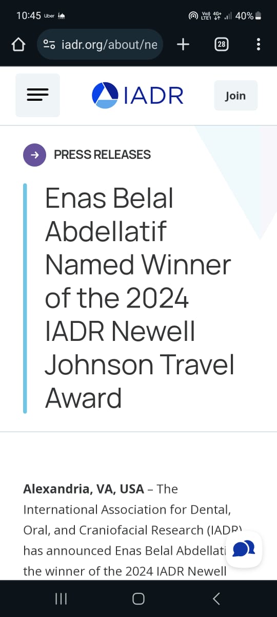 The @IADR's 2024 General Session #IADR2024 has been a happy time for us at Alexandria University.

Enas Abdellatif has won the IADR Newell W. Johnson Travel Award for her poster about Early childhood Caries Arrest Using Silver and Fluoride Products.
flic.kr/s/aHBqjBg2uo